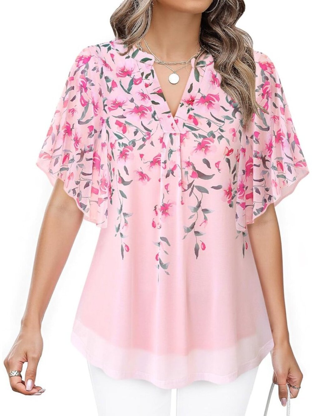 Women's Pink Floral Short Sleeve V Neck Top Blouses Floral Double Layers Shirts - Picture 2 of 5